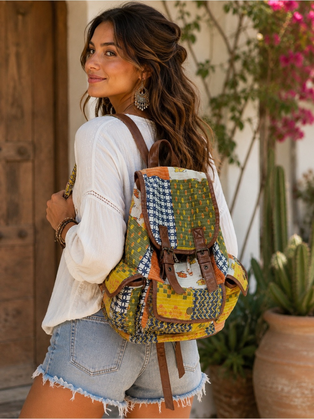 Kantha-Canvas Patchwork Drawstring Backpack - Multicolor Brown Trim
